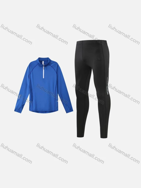 Wholesale Men's Athletic Workout Plain Mock Neck Quarter Zip Long Sleeve Top & Running Leggings R012#