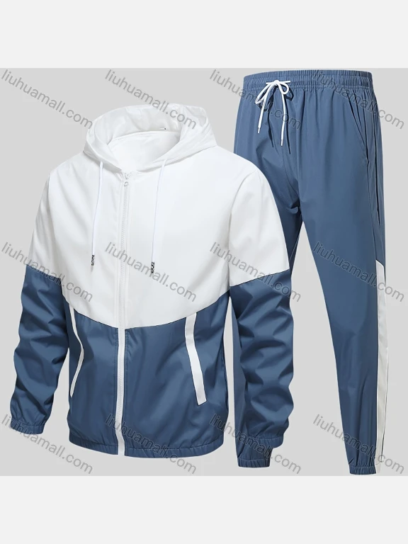 Wholesale Men's Athletic Colorblock Windproof Drawstring Hooded Long Sleeve Zipper Jacket & Pocket Jogger Pant Wb001#