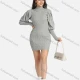 Wholesale Women's High Neck Plain Ribbed Knitted Leg of Mutton Sleeve Short Sweater Dress Gray Clothing Wholesale Market Liuhua
