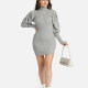 Women's High Neck Plain Ribbed Knitted Leg of Mutton Sleeve Short Sweater Dress Gray Clothing Wholesale Market -LIUHUA
