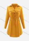 Wholesale Women's Lapel V Neck Long Sleeve Fake Pocket Button Drawstring Plain Short Shirt Dress - Liuhuamall