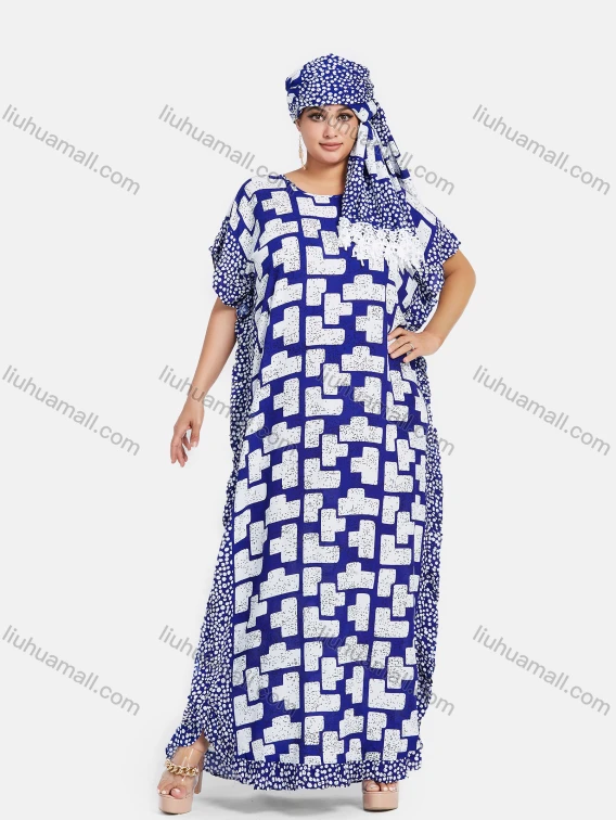 Wholesale Women's African Round Neck Bat Sleeve Retro Splicing Print Plus Size Ruffle Hem Maxi Kaftan Dress With Turban ZXV-688D2#, Guangzhou Clothing Wholesale Market & Suppliers - LIUHUAMALL, Specialty