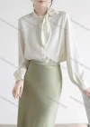 Wholesale Women's Casual Long Sleeve Tie Neck Ruched Button Down Plain Shirt - Liuhuamall