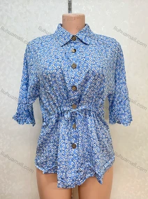 Wholesale Women's Casual Collared Allover Print Buttons Down Ruffle Trim Drawstring Mini Shirt Dress, LIUHUA CLOTHING WHOLESALE