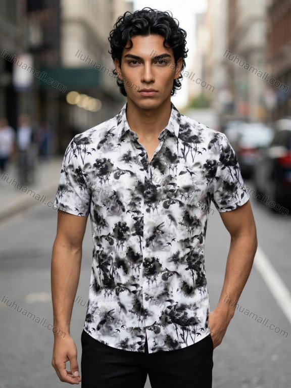 Wholesale 2026 New Arrival Men's Slim Fit Short Sleeve Shirt - Watercolor Ink Print Floral Tree Bird Pattern, Wholesale & In Stock