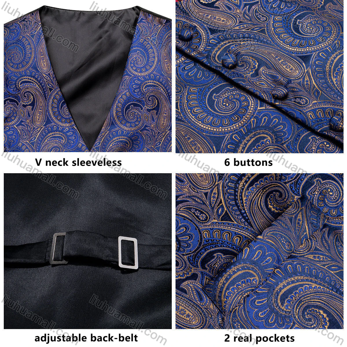 Wholesale Men's Formal Paisley Print Silky Waistcoat With Necktie & Kerchief & Cufflinks 4-piece Set