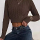 Women's Plain Mock Neck Cable Knit Crop Pullover Sweater Coffee Clothing Wholesale Market -LIUHUA