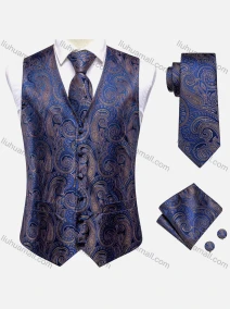 Wholesale Men's Formal Paisley Print Silky Waistcoat With Necktie & Kerchief & Cufflinks 4-piece Set, LIUHUA CLOTHING WHOLESALE