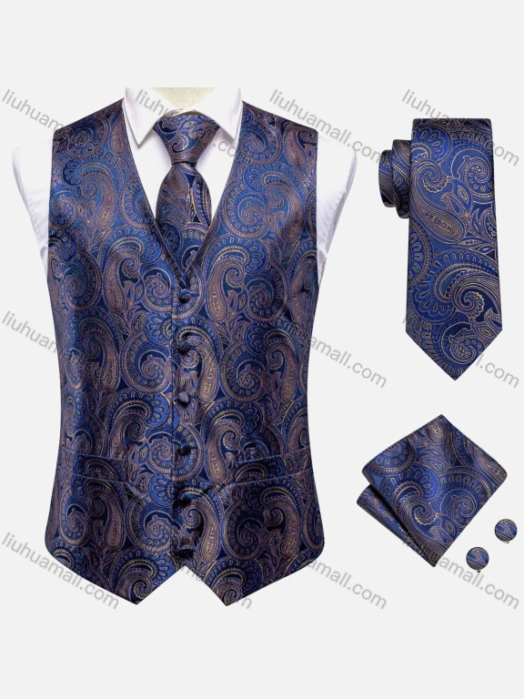 Wholesale Men's Formal Paisley Print Silky Waistcoat With Necktie & Kerchief & Cufflinks 4-piece Set