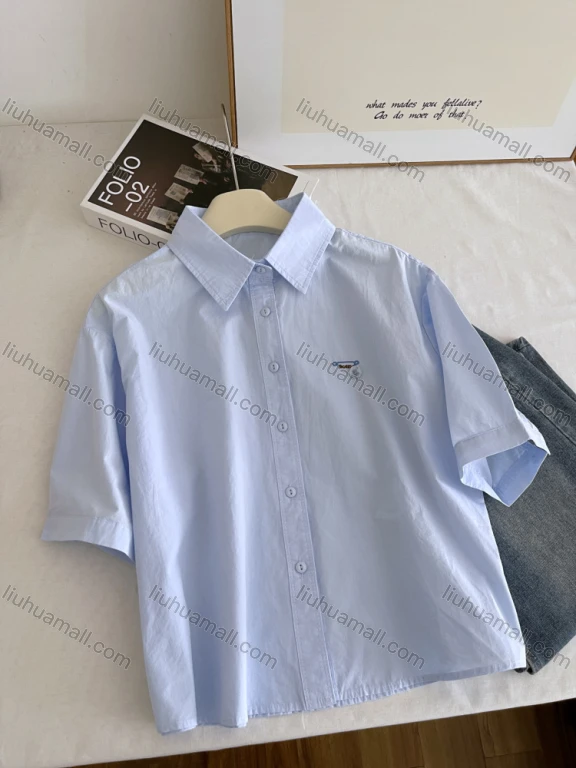 Wholesale Women's 100% Cotton New Summer Shirt, Embroidery Polo Collar Loose Fit Slimming Blouse, Versatile Artistic Design Short