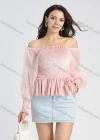 Wholesale Women's Off Shoulder Ruffled Trim Splicing Lantern Sleeve Shirred Plain Blouse - Liuhuamall