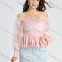 Wholesale Women's Off Shoulder Ruffled Trim Splicing Lantern Sleeve Shirred Plain Blouse preview