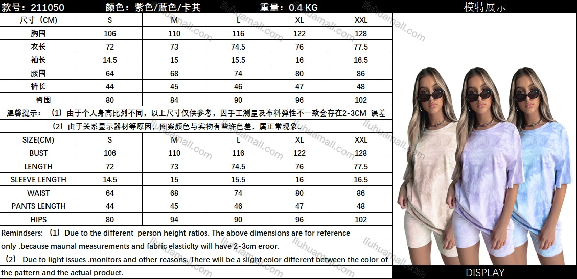 Wholesale Women's Casual Tie Dye Round Neck Tee & Shorts 2 Piece Set 211050#