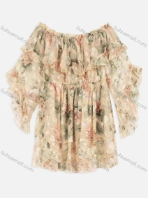 Wholesale Women's Casual Off Shoulder Floral Print Layered Ruffle Trim Chiffon Short Dress, LIUHUA CLOTHING WHOLESALE
