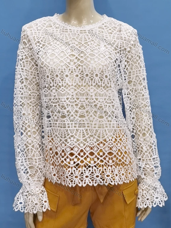 Wholesale Women's Casual Poet Sleeve Embroidered Hollow Out Cover Up Tops