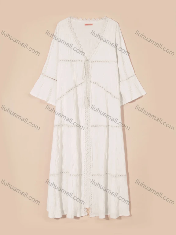 Wholesale Women's Flowy 3/4 Sleeve Open Front Lace Trim Beachwear Long Cardigan Cover Up