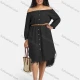 Wholesale Women's Denim Off Shoulder Frayed Raw Hem Button Down Knee Length Dress With Belt Black Clothing Wholesale Market Liuhua