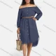 Wholesale Women's Denim Off Shoulder Frayed Raw Hem Button Down Knee Length Dress With Belt Navy Clothing Wholesale Market Liuhua