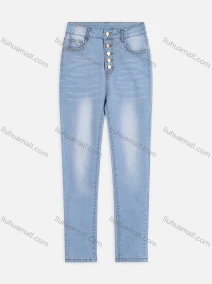 Wholesale Women's Casual Single Breasted Distressed Straight-leg Jeans With Pockets, LIUHUA CLOTHING WHOLESALE