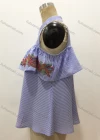 Wholesale Women's Casual Striped Floral Embroidery Ruffle Sleeve Button Down Lace Up Blouse - Liuhuamall