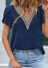 Wholesale Women's Casual Plain V Neck Lace Trim Short Sleeve Blouse - Liuhuamall