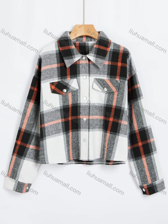 Wholesale Women's Casual Plaid Collared Long Sleeve Button Down Flap Pockets Jacket 7088#