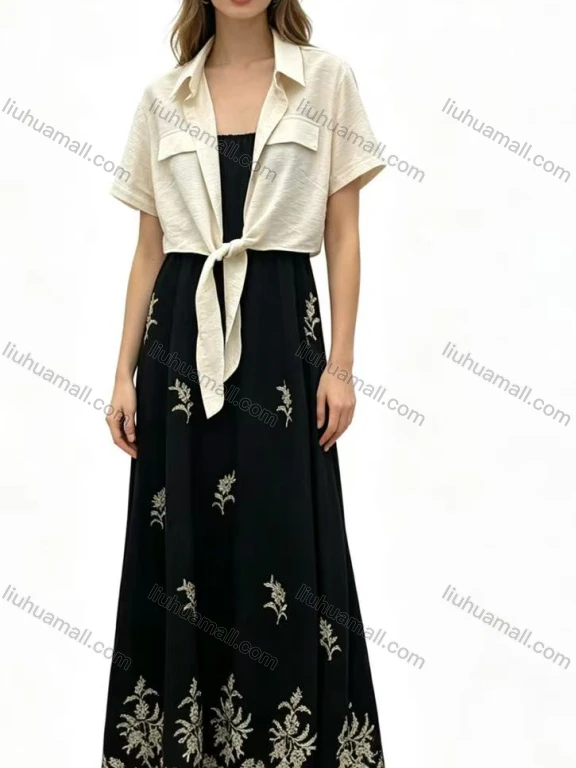 Wholesale Women's 2-Piece Set Embroidered Maxi Dress with Tie-Front Shrug