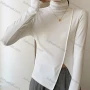 Wholesale Women's Casual Plain High Neck Long Sleeve Split Front Knit Blouse 8145# preview