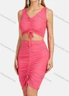 Wholesale Women's V Neck Solid Ruched Lace Up Slim Crop Top& Skirt Set - Liuhuamall