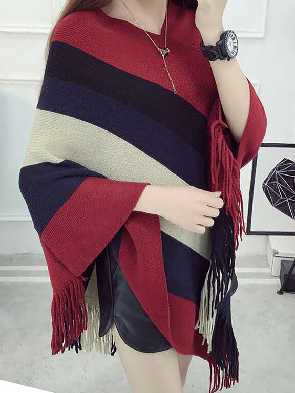 Women's Casual Batwing Sleeve V-Neck Striped Print Fringe Trim Cape, Clothing Wholesale Market -LIUHUA, All Categories
