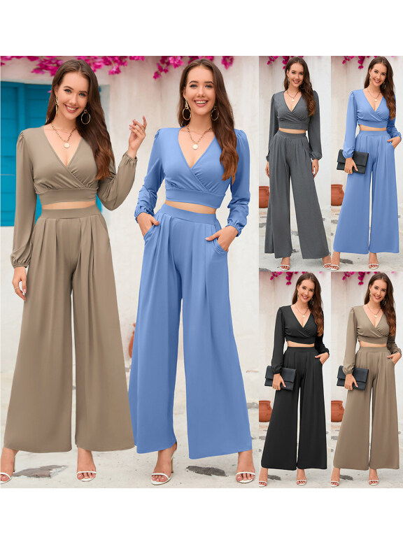 Women's Casual Wrap Long Sleeve Plain Crop Top & Ruched Wide Pants 2 Piece Set, Clothing Wholesale Market -LIUHUA, WOMEN, Clothing-Sets