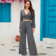 Women's Casual Wrap Long Sleeve Plain Crop Top & Ruched Wide Pants 2 Piece Set Gray Clothing Wholesale Market -LIUHUA