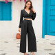 Women's Casual Wrap Long Sleeve Plain Crop Top & Ruched Wide Pants 2 Piece Set Black Clothing Wholesale Market -LIUHUA