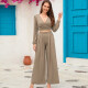 Women's Casual Wrap Long Sleeve Plain Crop Top & Ruched Wide Pants 2 Piece Set Khaki Clothing Wholesale Market -LIUHUA