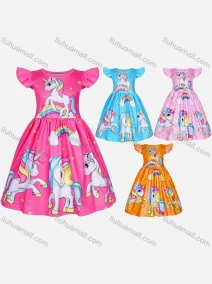 Wholesale Girls Causal Crew Neck Ruffle Sleeve Cartoon Print Dress, LIUHUA CLOTHING WHOLESALE