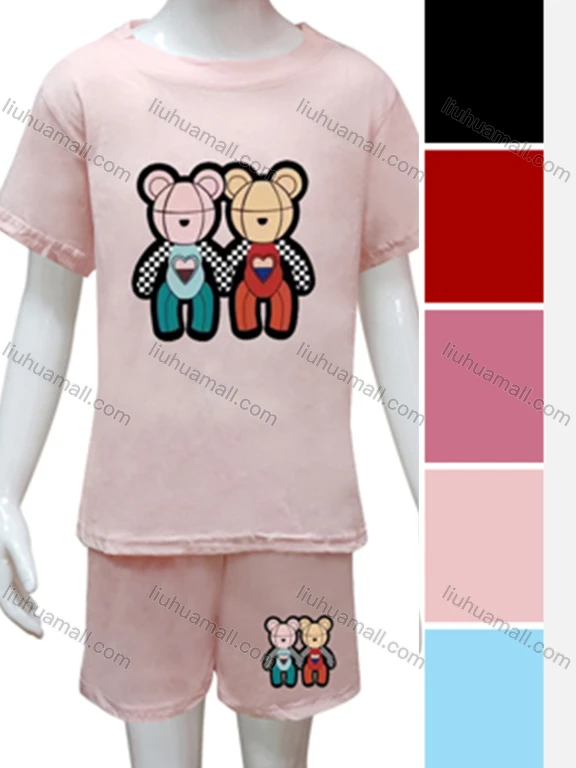 Wholesale Girls Cartoon Print Round Neck Short Sleeve Top & Shorts Sets