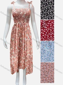 Wholesale Girls Causal Ruched Square Neck Sleeveless Tie Side Floral Print Dress, LIUHUA CLOTHING WHOLESALE