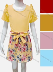 Wholesale Girls Casual Plain Ruffle Trim Round Neck Short Sleeve Top & Elastic Waist Floral Print Skirt Sets, LIUHUA CLOTHING WHOLESALE