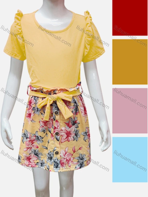 Wholesale Girls Casual Plain Ruffle Trim Round Neck Short Sleeve Top & Elastic Waist Floral Print Skirt Sets