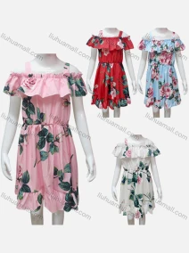 Wholesale Girls Causal Square Neck Cold Shoulder Ruffle Trim Floral Print Dress, LIUHUA CLOTHING WHOLESALE