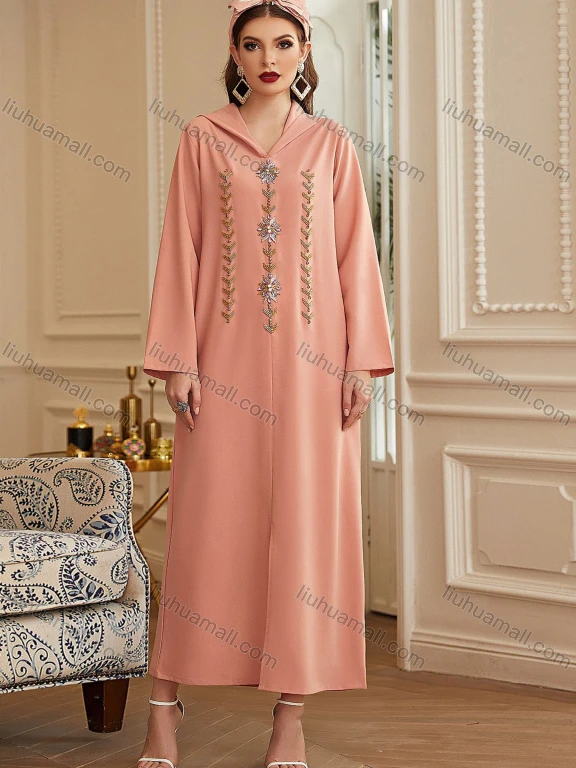 Wholesale Women's Muslim Islamic Hooded Embroidery Rhinestone Robe Abaya Dress BA3126#