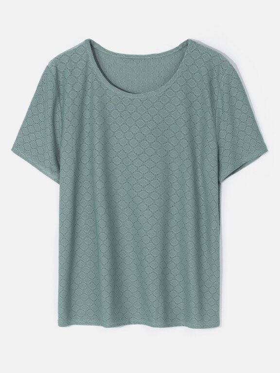 Women's Casual Round Neck Short Sleeve Eyelet Embroidered Plain T-Shirt, Clothing Wholesale Market -LIUHUA, 
