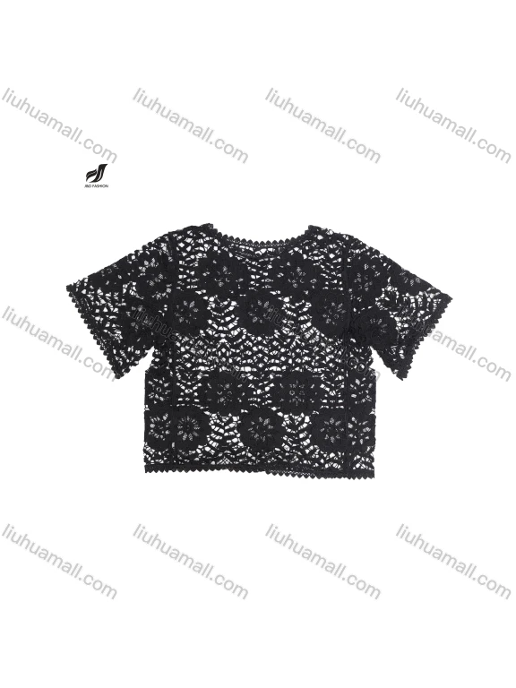 Wholesale Lace crochet hollow black short-sleeved women's spring and summer new slim ins style outer blouse stacking