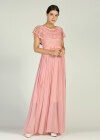 Wholesale Women's Elegant Cap Sleeve Embroidery Lace Semi-sheer Pearl Decor Maxi Cocktail Dress With Belt - Liuhuamall