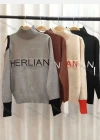 Wholesale Women's Casual Mock Neck Long Sleeve Cold Shoulder Letter Print Sweater - Liuhuamall