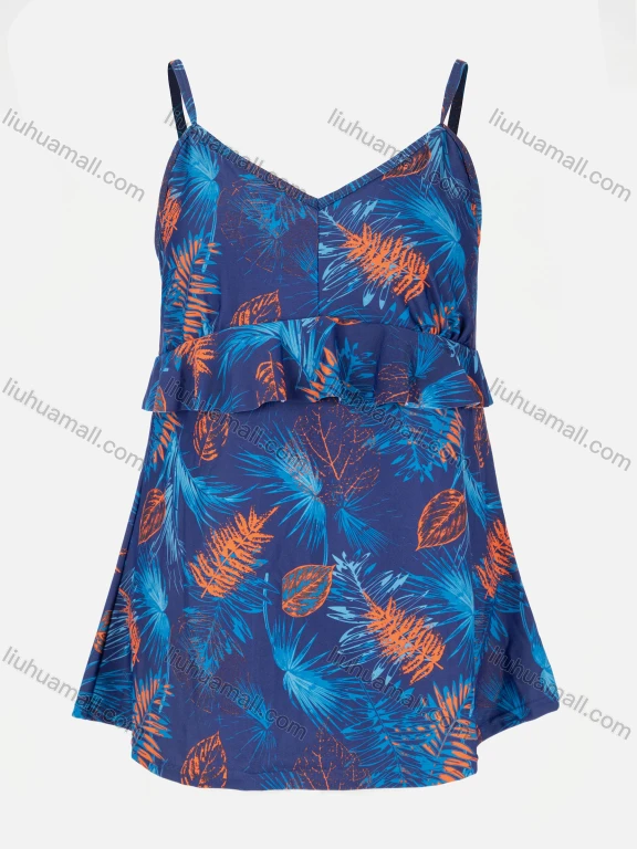 Wholesale Women's Tropical Print Adjustable Spaghetti Straps Ruffle Hem Swimsuit 2 Piece Set
