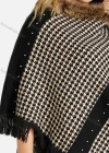 Wholesale Women's Zip Collar Houndstooth Print Fringe Trim Knit Poncho - Liuhuamall