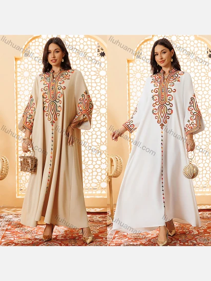 Wholesale Women's Muslim Folk Art Embroidered Long Sleeve Notched Collar Abaya Maxi Dress