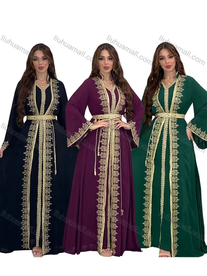 Wholesale Women's Elegant V Neck Plain Long Sleeve Abaya Dress With Rhinestone Belt 2 Piece Set