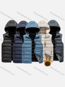Wholesale Men's Casual Hooded Sleeveless Zipper Pocket Thermal Puffer Jacket, LIUHUA CLOTHING WHOLESALE